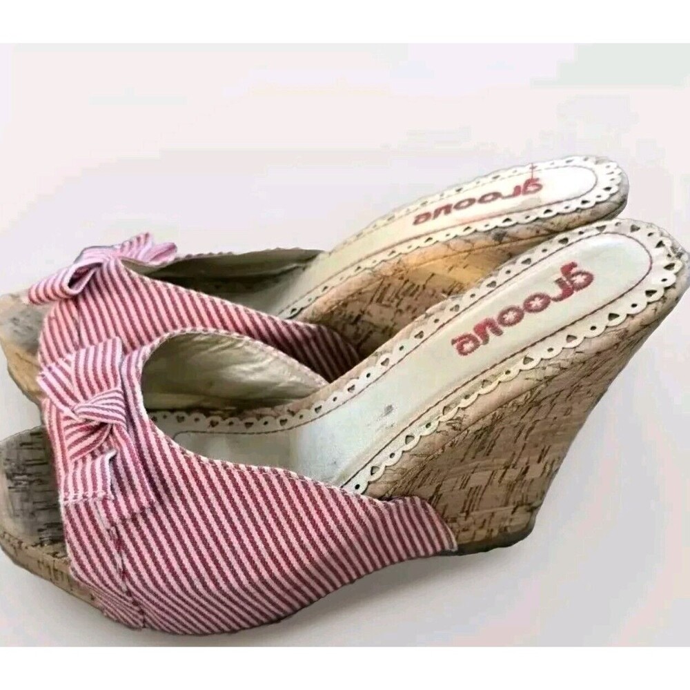 Groove Womens Red White Cork Slip on Slide Wedge Mule Sandal SZ 7